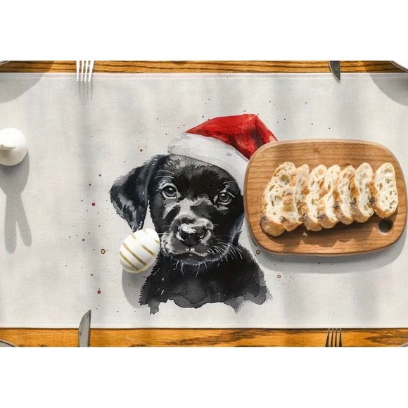 Christmas Black Labrador Dog Table Runner Red Santa Hat Holiday Home Decor 71in - Picture 3 of 6